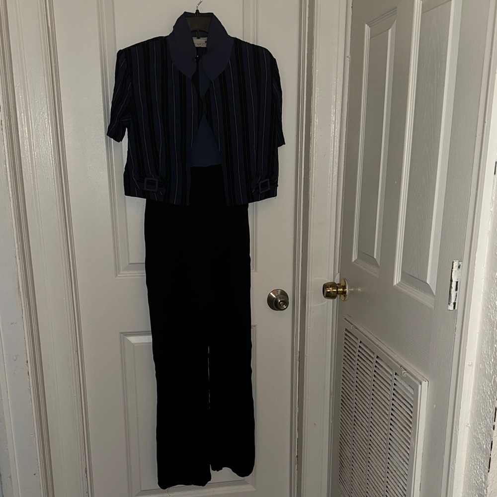 Scarlett Navy Striped Cropped Jacket with Black Jumpsuit